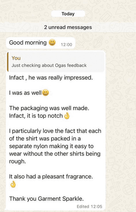 Anonymous WhatsApp review praising Garment Sparkle packaging and fragrance
